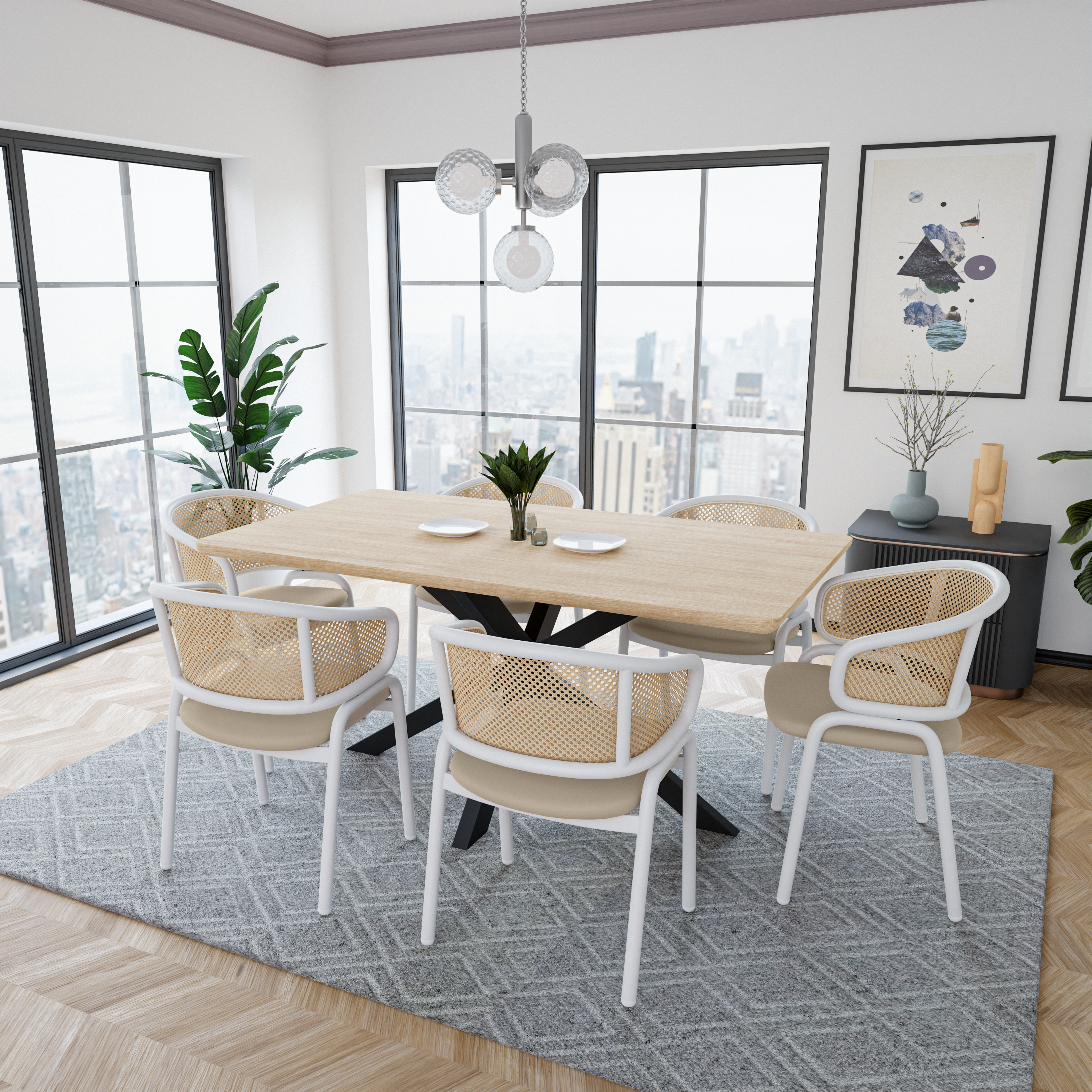 Ervilla Leather Dining Armchair in Black/White Stainless Steel Base With Wicker Back