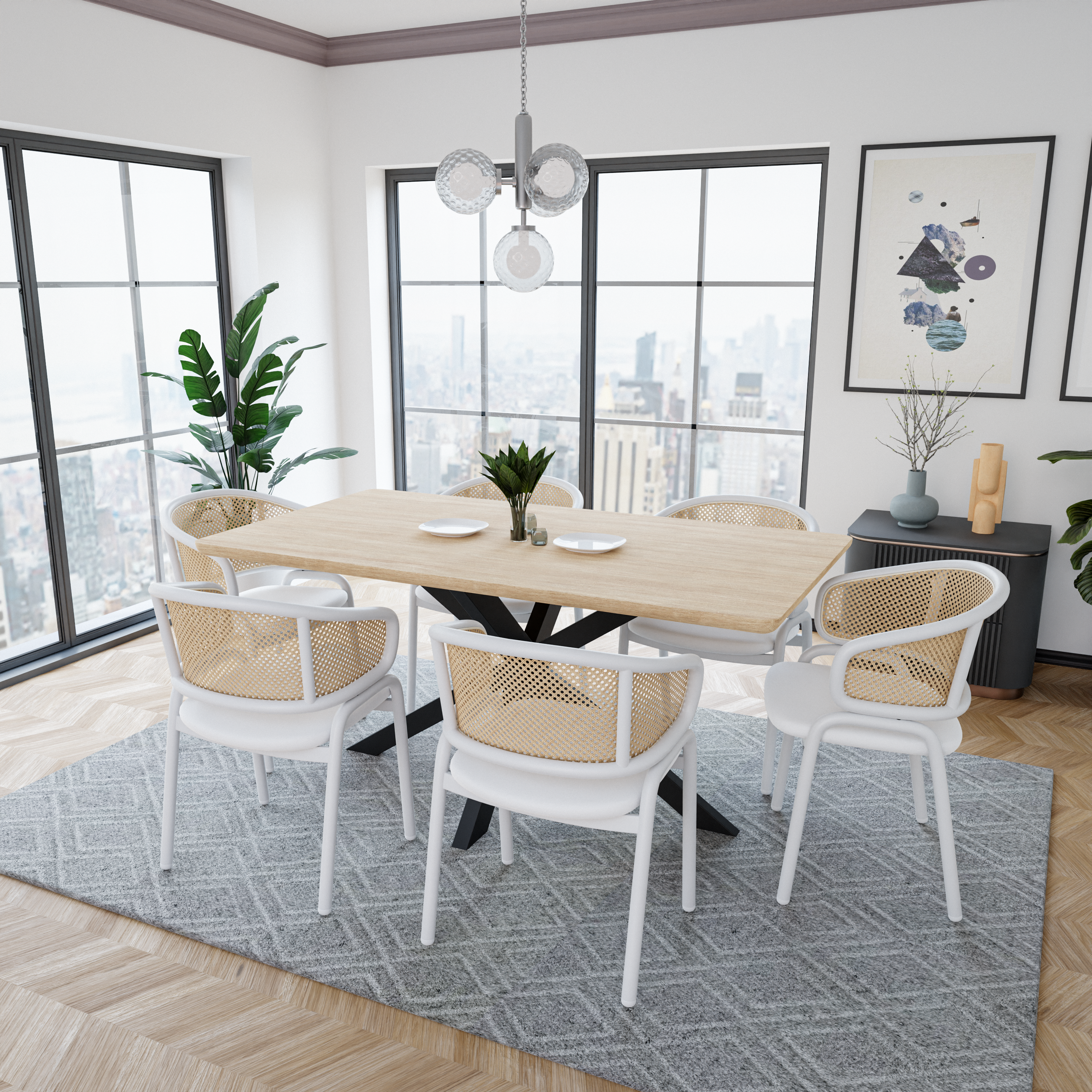 Ervilla Leather Dining Armchair in Black/White Stainless Steel Base With Wicker Back