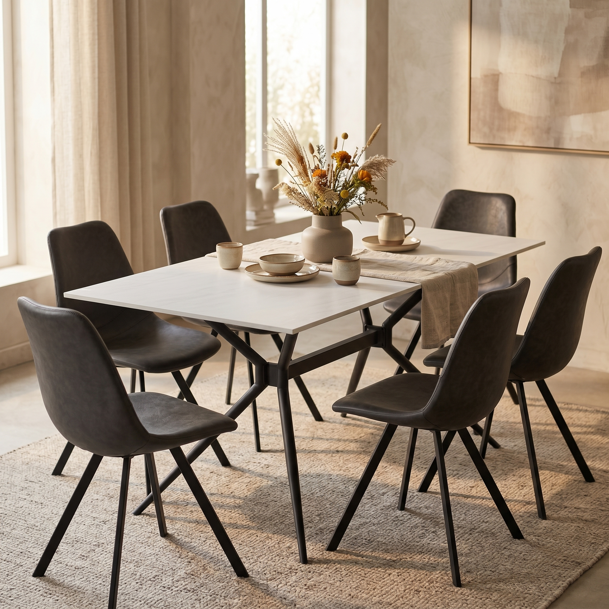 Elega Rectangular Dining Table with Sintered Stone Top and Black Powder Coated Steel Base