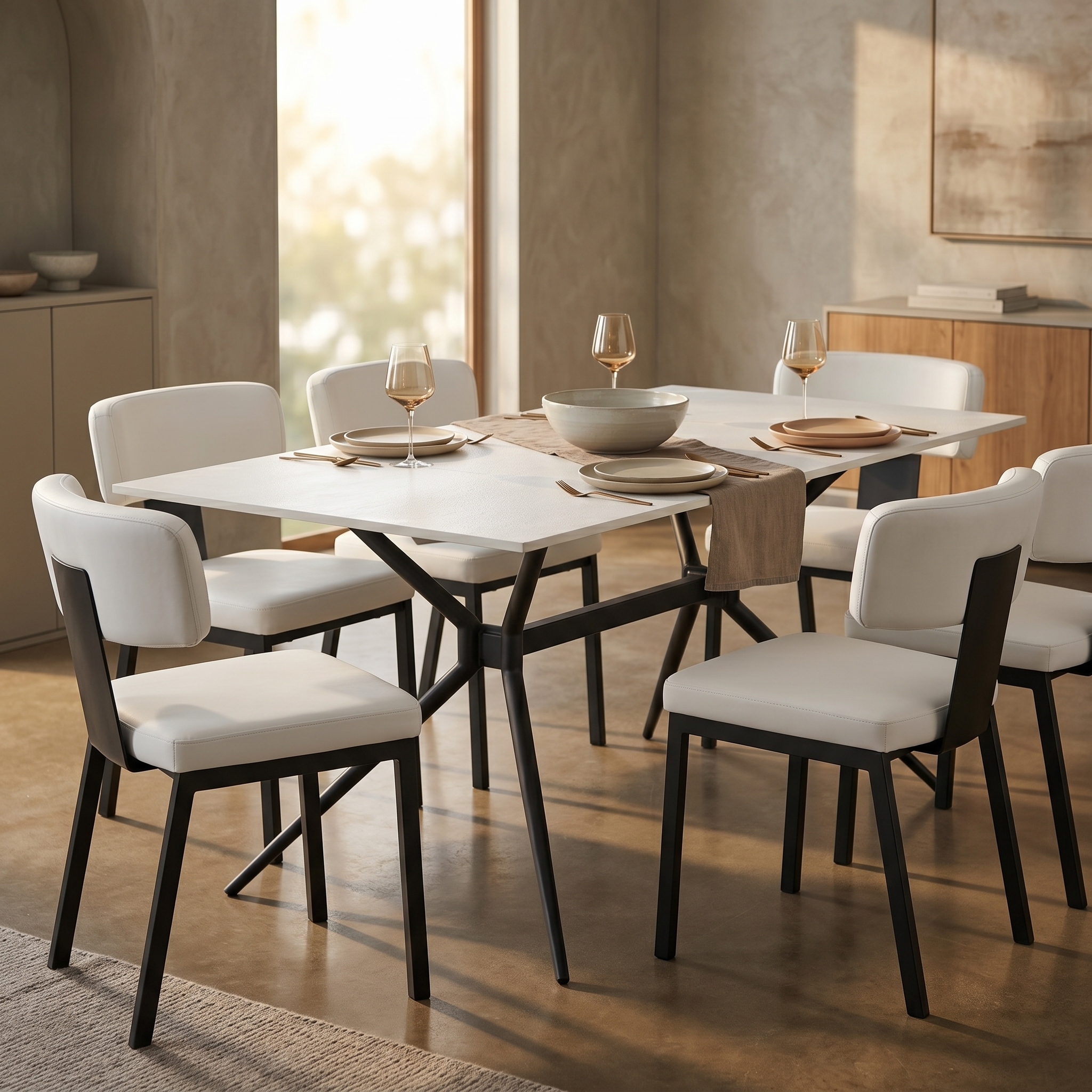 Elega Rectangular Dining Table with Sintered Stone Top and Black Powder Coated Steel Base