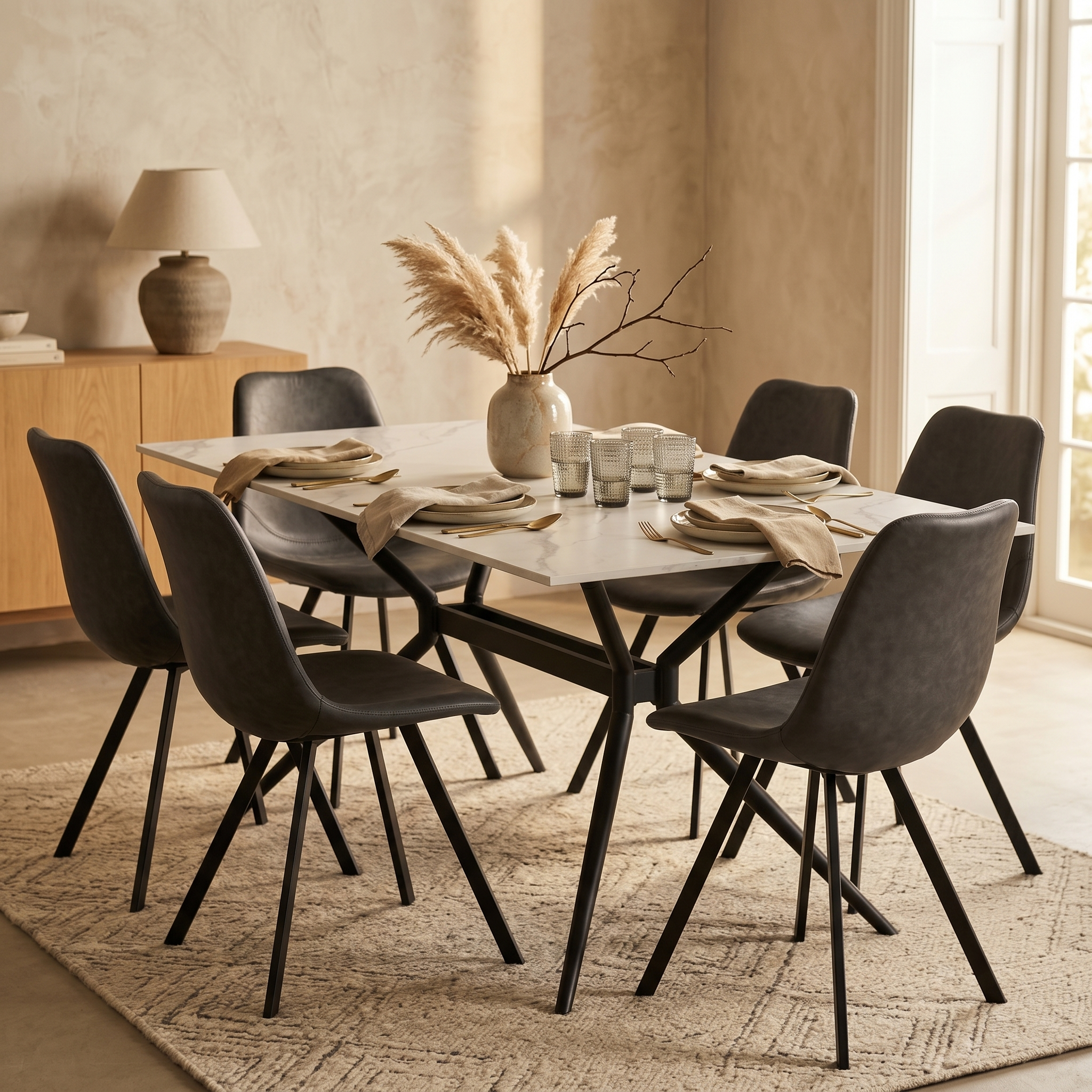 Elega Rectangular Dining Table with Sintered Stone Top and Black Powder Coated Steel Base