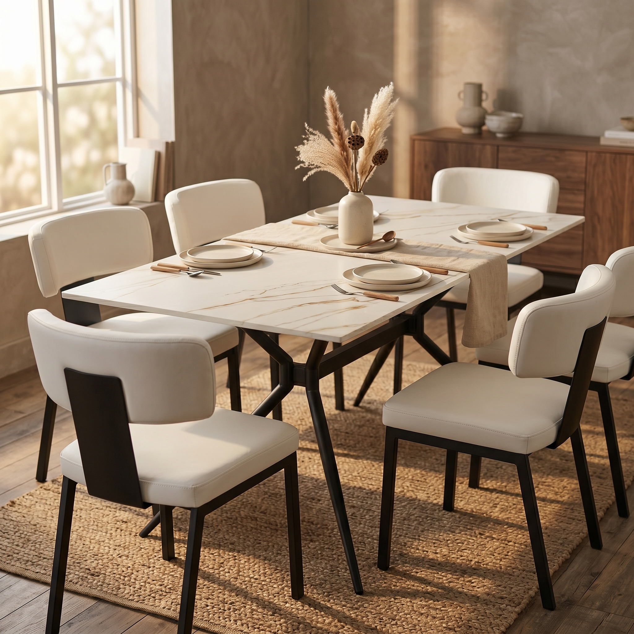 Elega Rectangular Dining Table with Sintered Stone Top and Black Powder Coated Steel Base