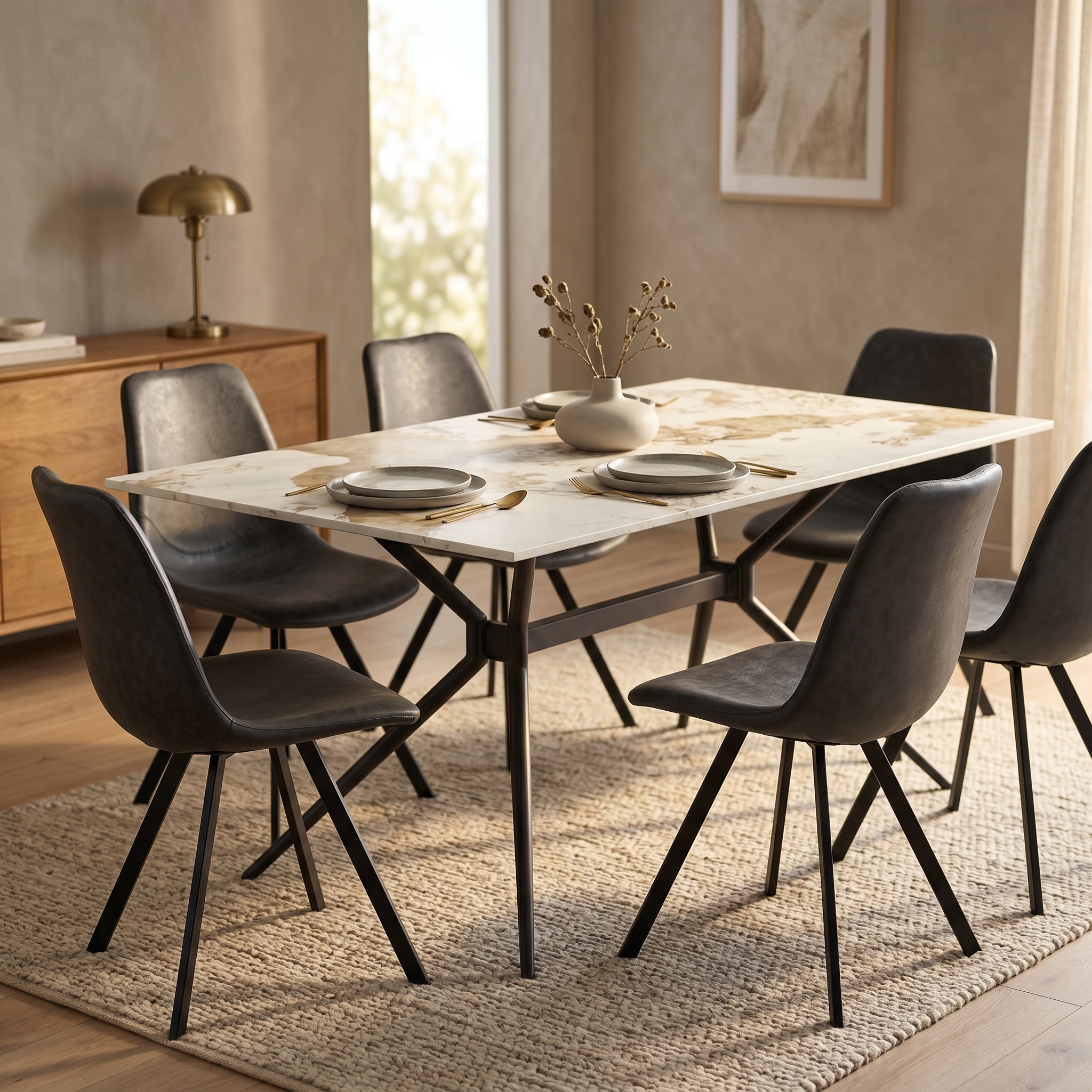 Elega Rectangular Dining Table with Sintered Stone Top and Black Steel Base