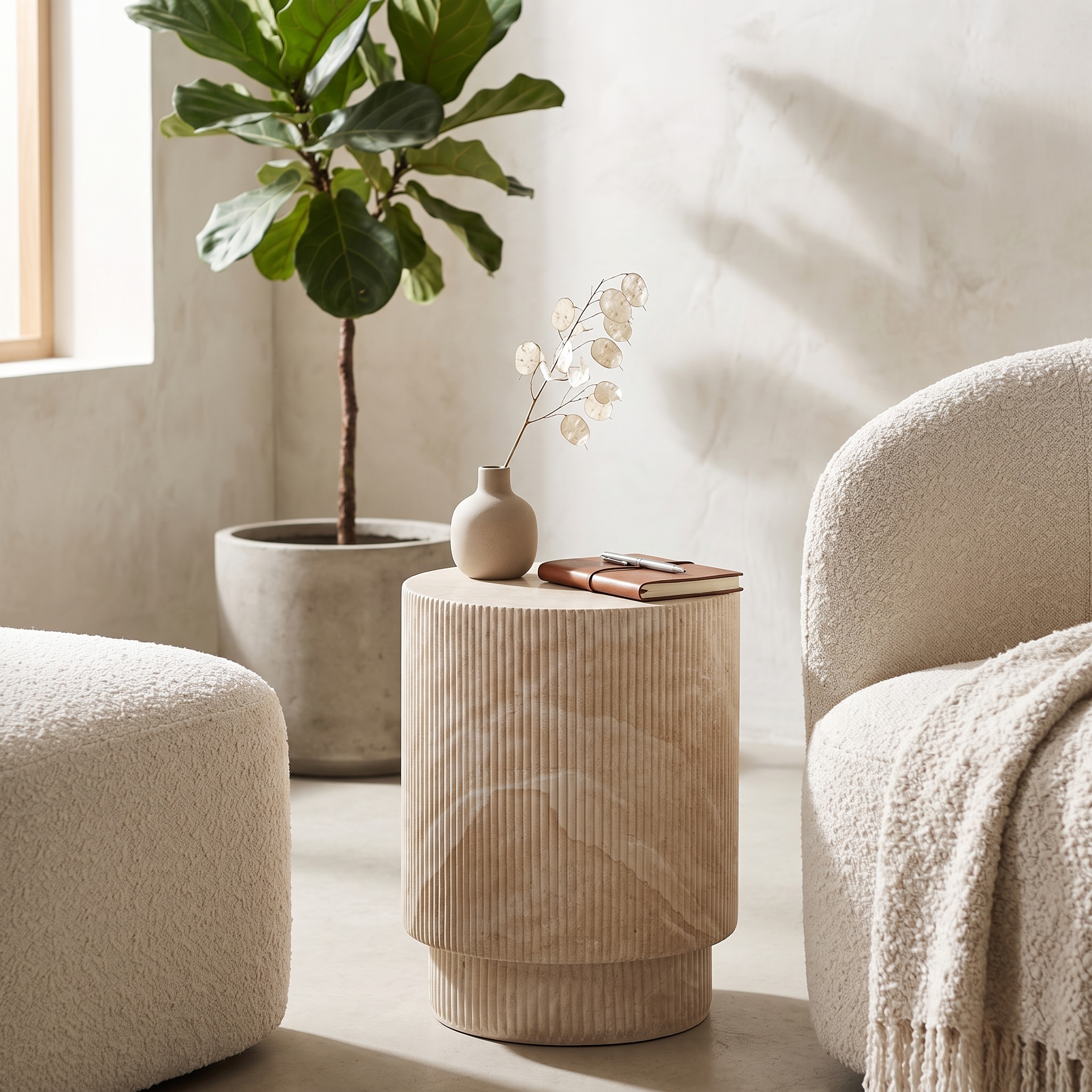 Eden Series Side Table in Fiberstone Round Accent Table for Home, Living Room, Indoor, and Outdoor