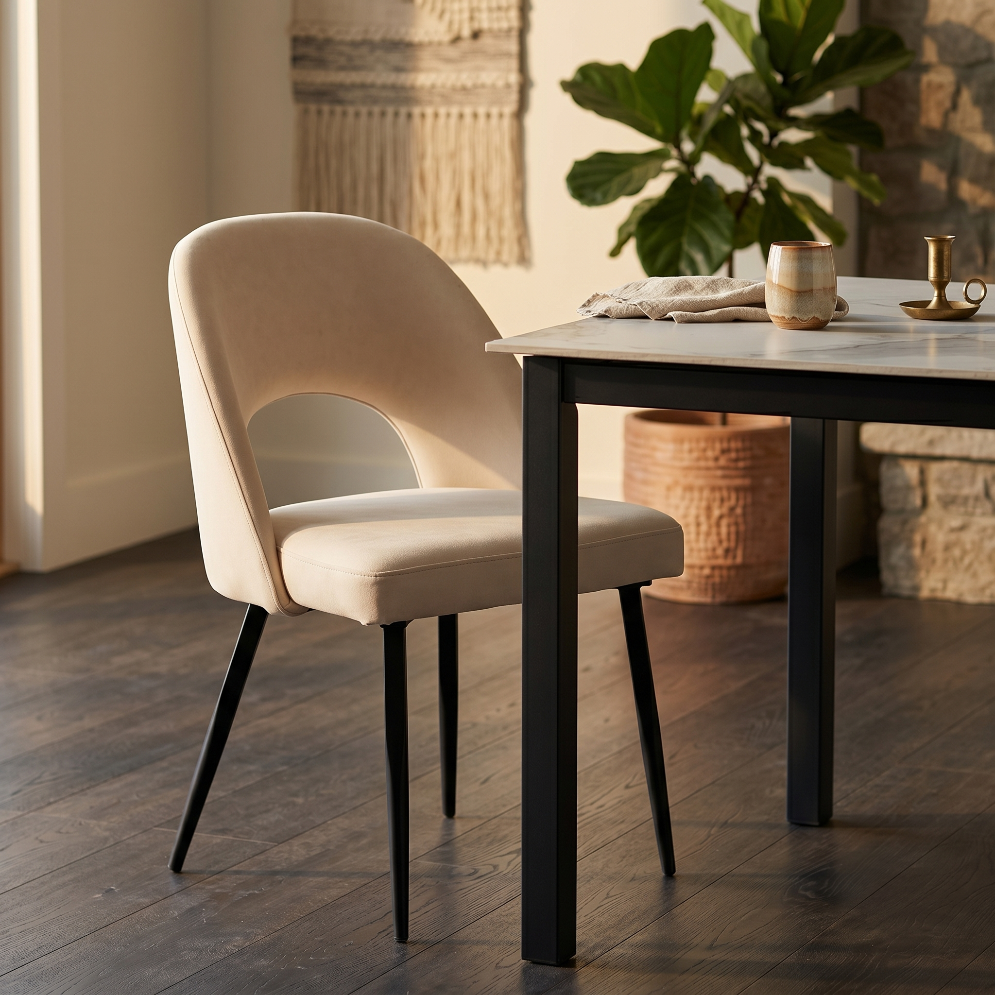 Fest Leather Dining Chairs Curved Open-Back Design with Black Steel Legs