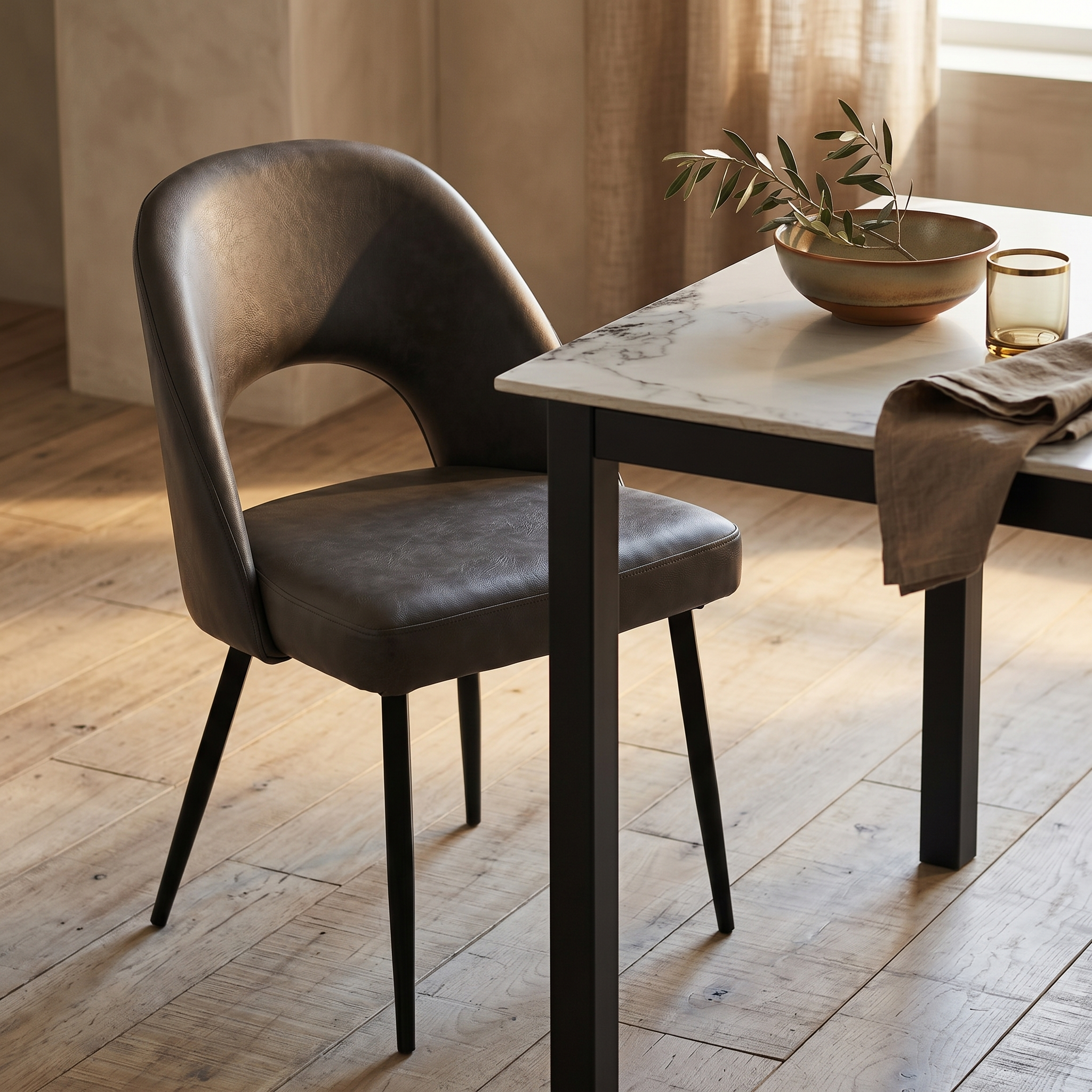 Fest Leather Dining Chairs Curved Open-Back Design with Black Steel Legs