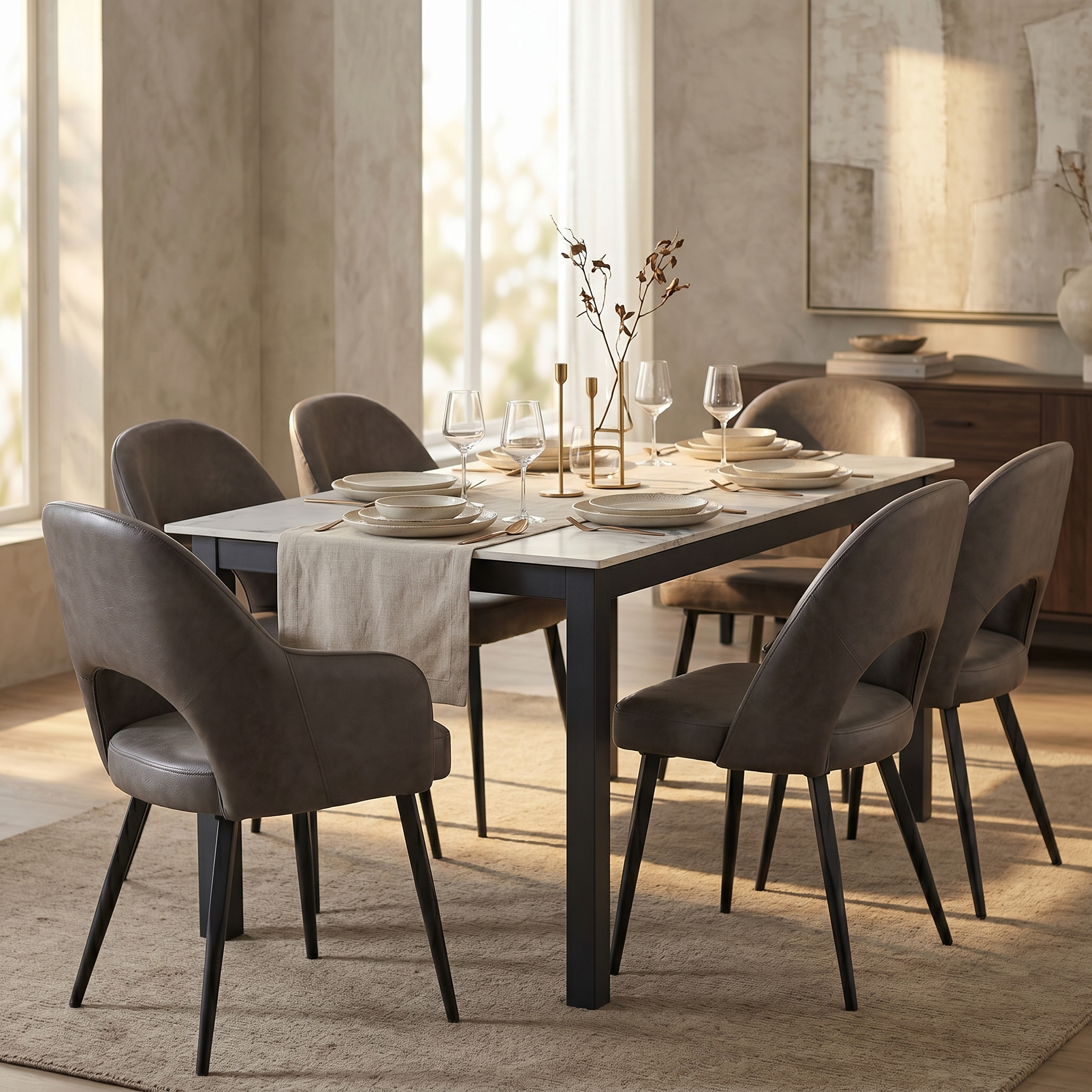 Fest Leather Dining Chairs Curved Open-Back Design with Black Steel Legs