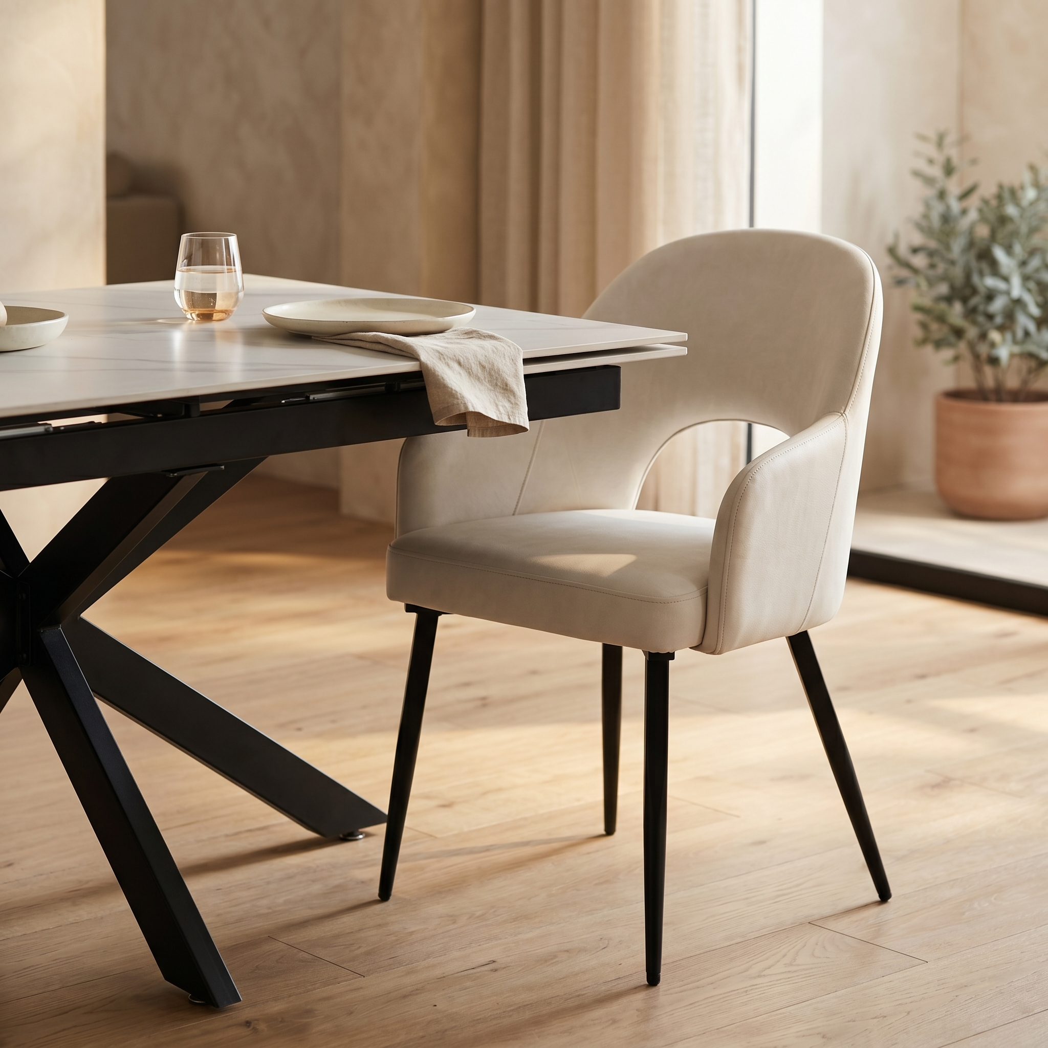 Fest Leather Dining Chairs Curved Open-Back Design with Black Steel Legs