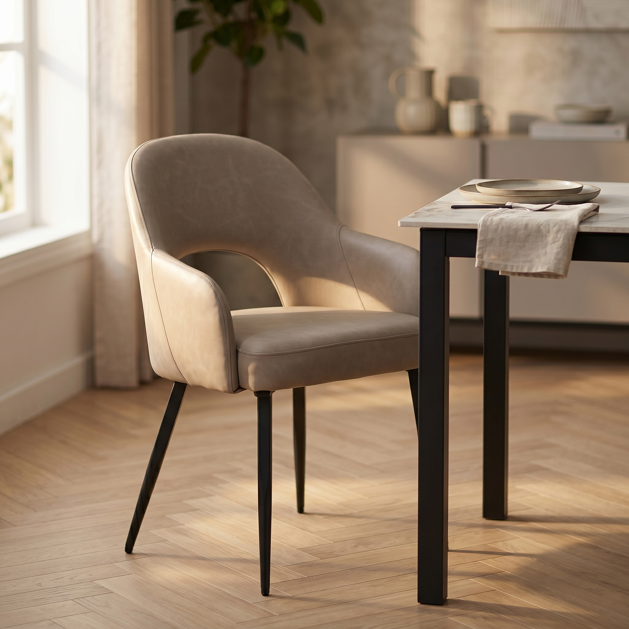 Fest Leather Dining Chairs Curved Open-Back Design with Black Steel Legs
