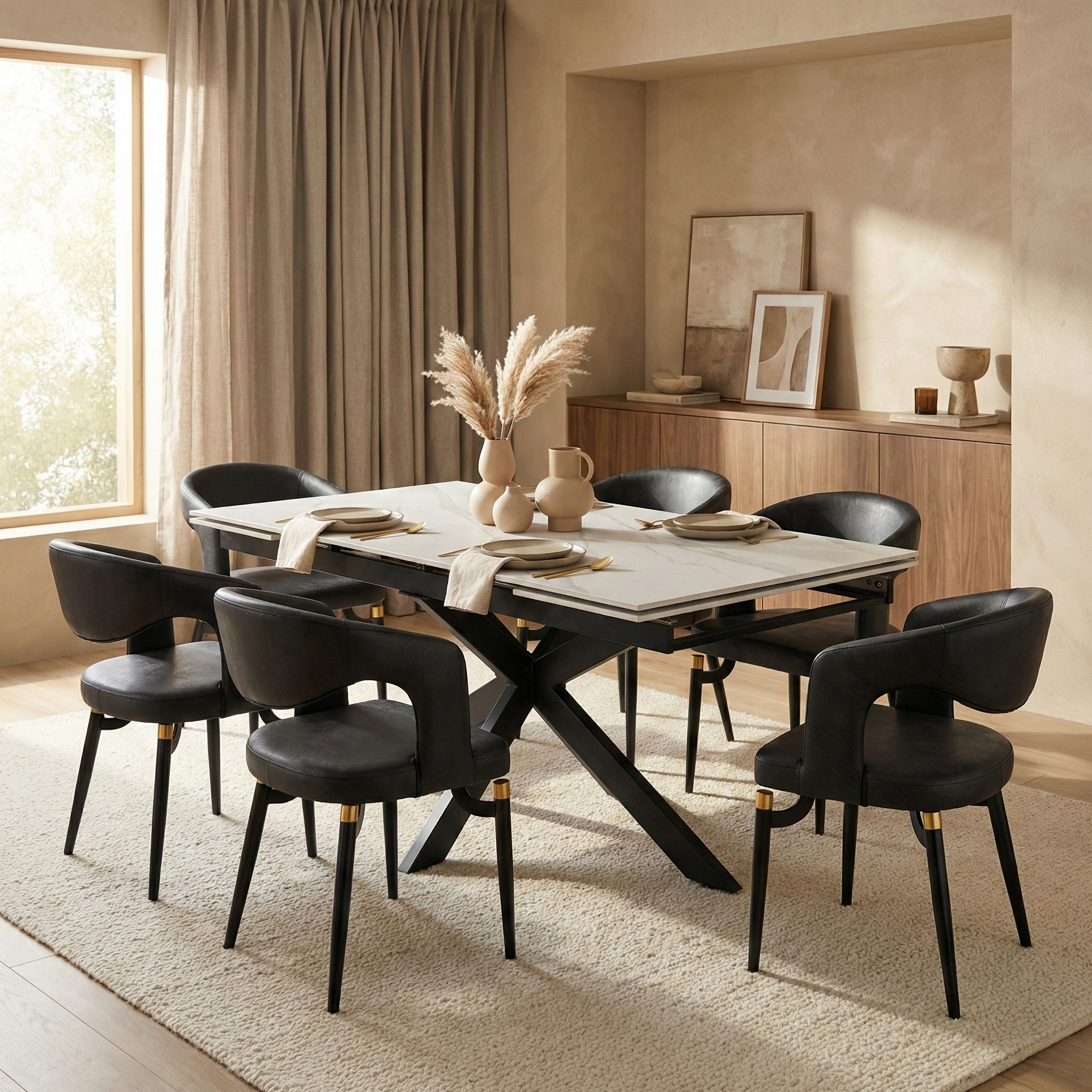 Luvic Extendable Dining Table 62"-95" Wide Sintered Stone Tabletop with Steel Legs