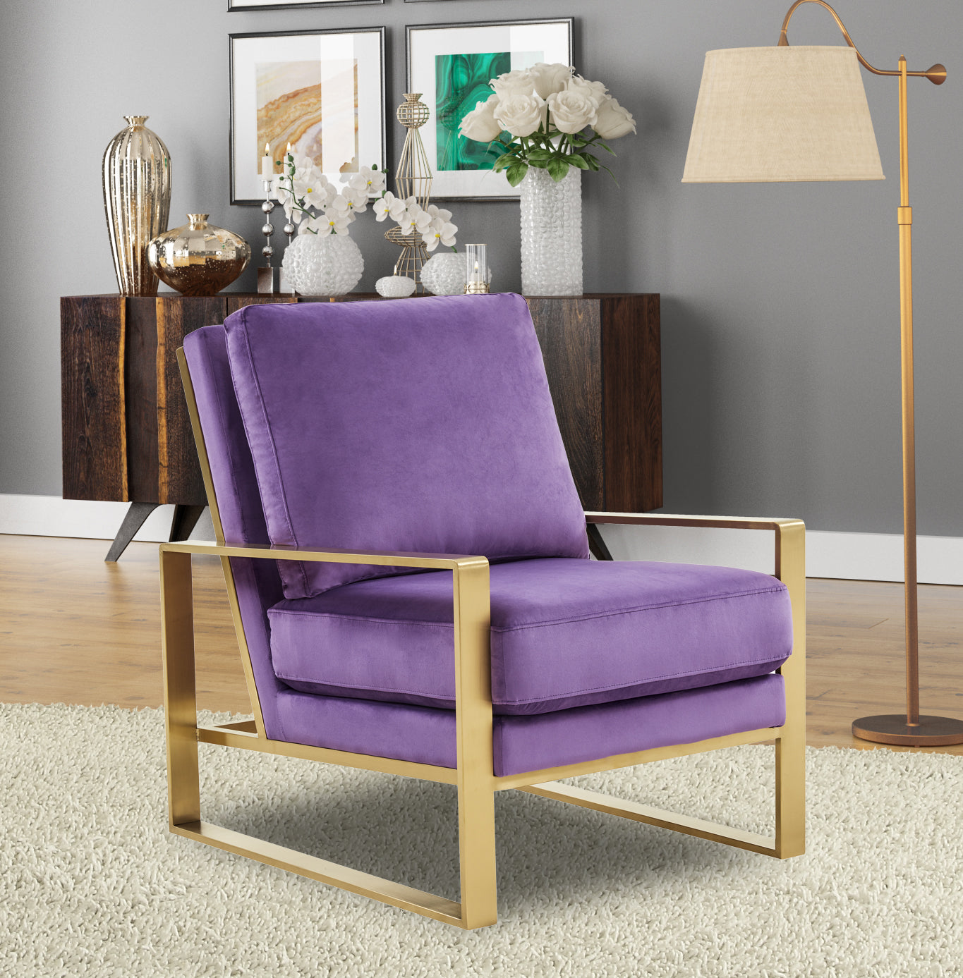 Jefferson Single-Seater Sofa Upholstered in Velvet/Leather and Gold/Silver Metal Frame