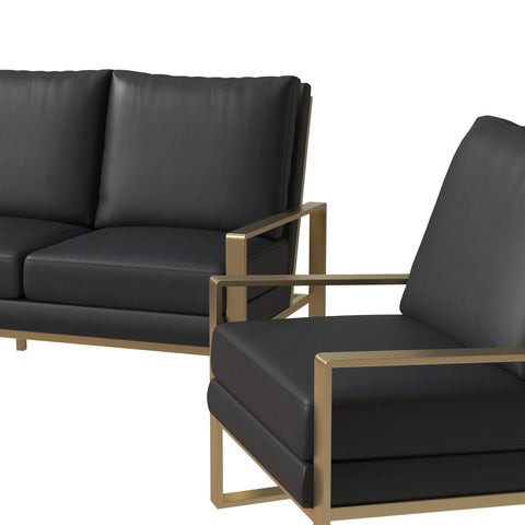 Jefferson 3-Piece Leather Sofa Set with Gold Stainless Steel Base Accent Chair and Loveseat