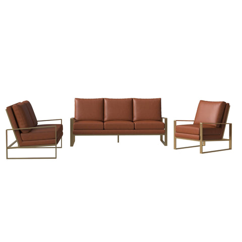 Jefferson 3-Piece Leather Sofa Set with Gold Stainless Steel Base Accent Chair and Loveseat