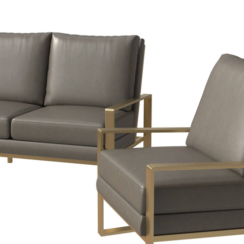 Jefferson 3-Piece Leather Sofa Set with Gold Stainless Steel Base Accent Chair and Loveseat