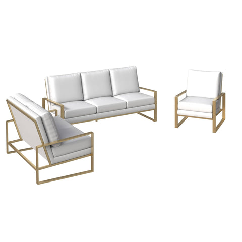 Jefferson 3-Piece Leather Sofa Set with Gold Stainless Steel Base Accent Chair and Loveseat