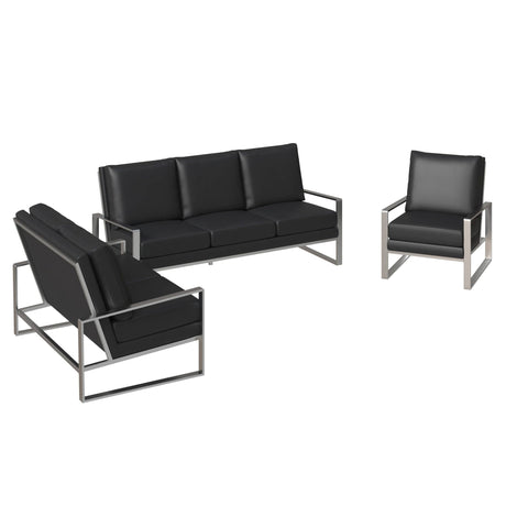 Jefferson 3-Piece Leather Sofa Set with Brushed Stainless Steel Base Accent Chair and Loveseat