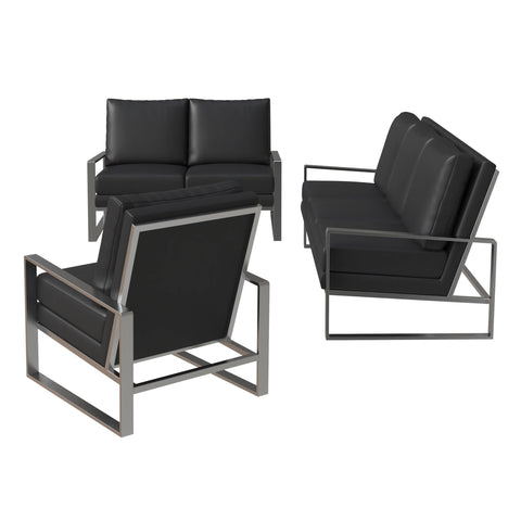 Jefferson 3-Piece Leather Sofa Set with Brushed Stainless Steel Base Accent Chair and Loveseat