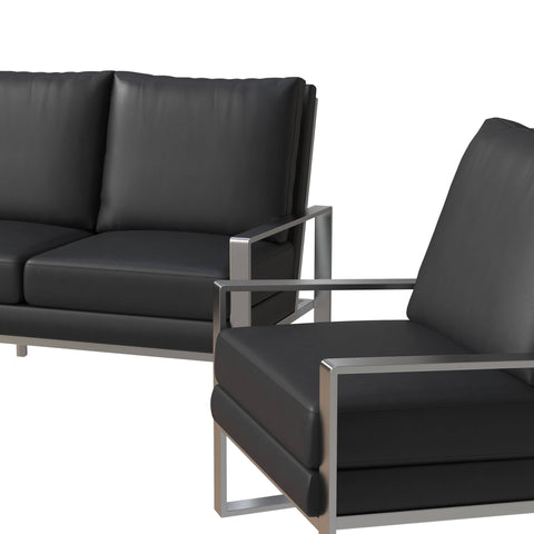 Jefferson 3-Piece Leather Sofa Set with Brushed Stainless Steel Base Accent Chair and Loveseat