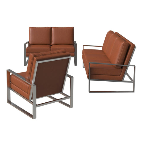 Jefferson 3-Piece Leather Sofa Set with Brushed Stainless Steel Base Accent Chair and Loveseat