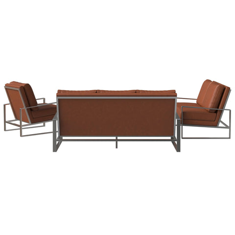 Jefferson 3-Piece Leather Sofa Set with Brushed Stainless Steel Base Accent Chair and Loveseat