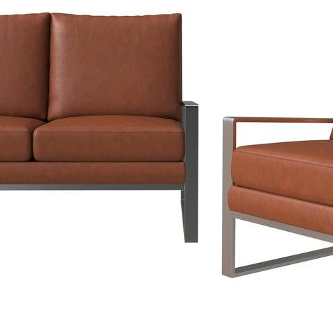 Jefferson 3-Piece Leather Sofa Set with Brushed Stainless Steel Base Accent Chair and Loveseat