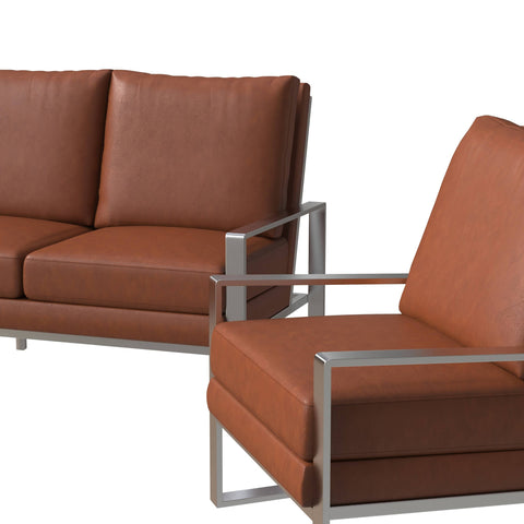 Jefferson 3-Piece Leather Sofa Set with Brushed Stainless Steel Base Accent Chair and Loveseat