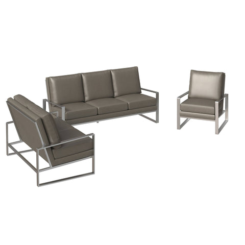 Jefferson 3-Piece Leather Sofa Set with Brushed Stainless Steel Base Accent Chair and Loveseat