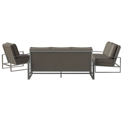 Jefferson 3-Piece Leather Sofa Set with Brushed Stainless Steel Base Accent Chair and Loveseat