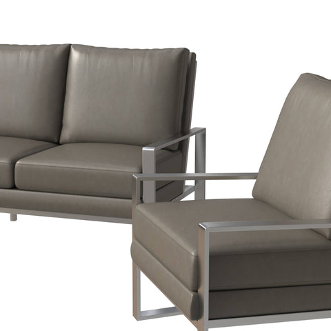 Jefferson 3-Piece Leather Sofa Set with Brushed Stainless Steel Base Accent Chair and Loveseat