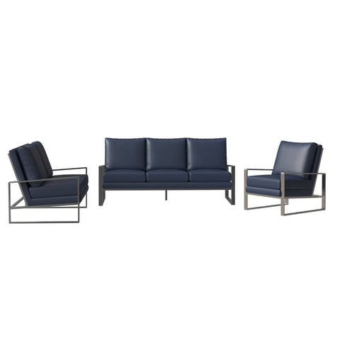 Jefferson 3-Piece Leather Sofa Set with Brushed Stainless Steel Base Accent Chair and Loveseat