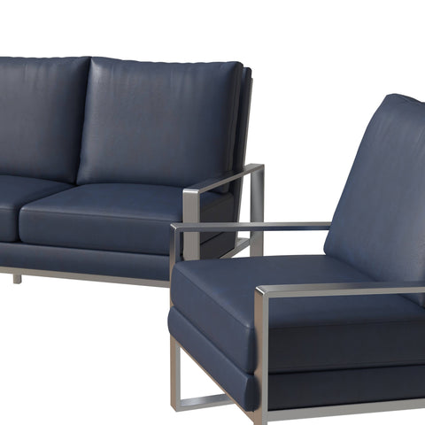 Jefferson 3-Piece Leather Sofa Set with Brushed Stainless Steel Base Accent Chair and Loveseat