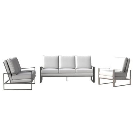 Jefferson 3-Piece Leather Sofa Set with Brushed Stainless Steel Base Accent Chair and Loveseat