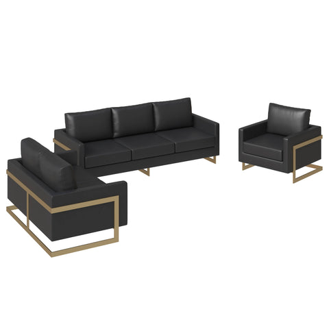 Lincoln 3-Piece Sofa Set Upholstered in Leather Accent Chair with Gold Stainless Steel Frame