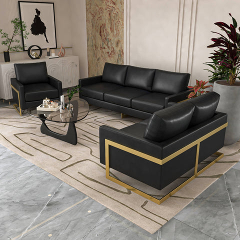 Lincoln 3-Piece Sofa Set Upholstered in Leather Accent Chair with Gold Stainless Steel Frame