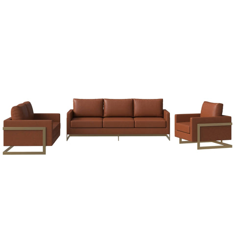 Lincoln 3-Piece Sofa Set Upholstered in Leather Accent Chair with Gold Stainless Steel Frame