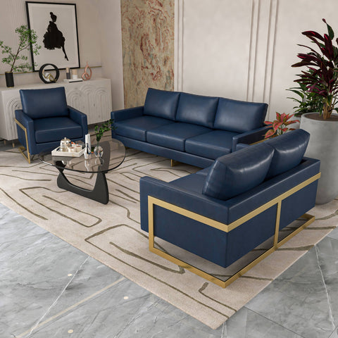 Lincoln 3-Piece Sofa Set Upholstered in Leather Accent Chair with Gold Stainless Steel Frame