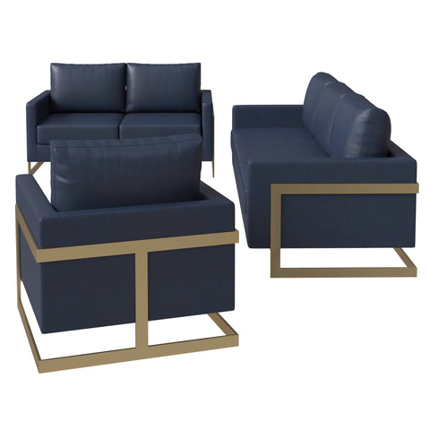 Lincoln 3-Piece Sofa Set Upholstered in Leather Accent Chair with Gold Stainless Steel Frame