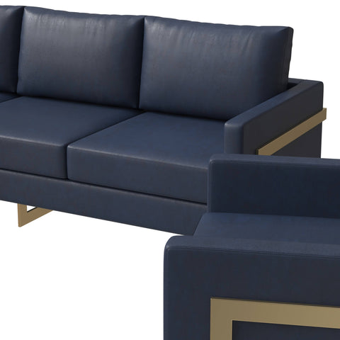 Lincoln 3-Piece Sofa Set Upholstered in Leather Accent Chair with Gold Stainless Steel Frame