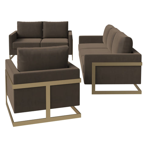 Lincoln 3-Piece Sofa Set Upholstered in Velvet Accent Chair with Gold Stainless Steel Frame