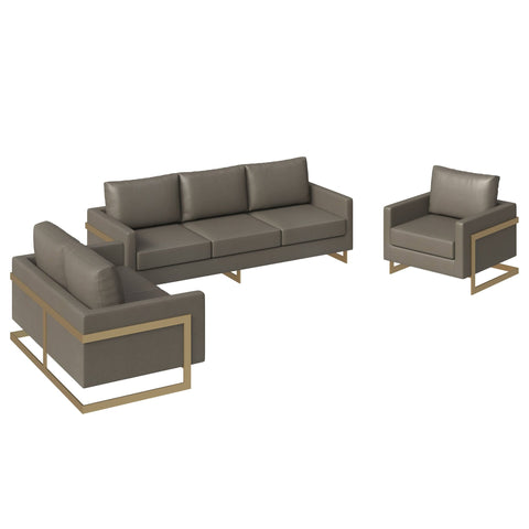 Lincoln 3-Piece Sofa Set Upholstered in Leather Accent Chair with Gold Stainless Steel Frame