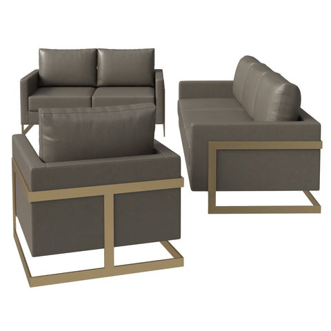 Lincoln 3-Piece Sofa Set Upholstered in Leather Accent Chair with Gold Stainless Steel Frame