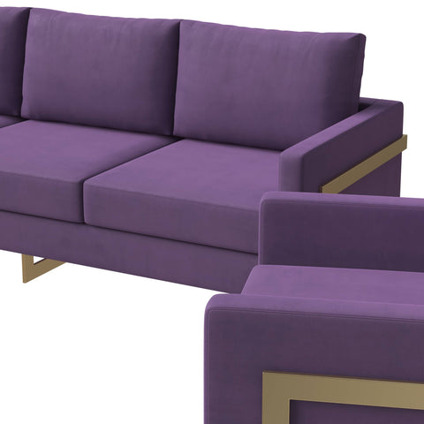 Lincoln 3-Piece Sofa Set Upholstered in Velvet Accent Chair with Gold Stainless Steel Frame