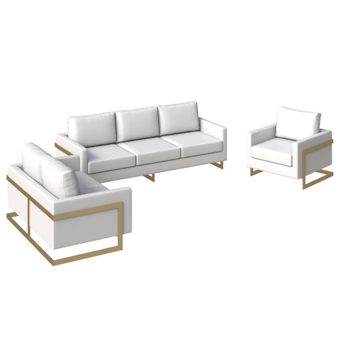 Lincoln 3-Piece Sofa Set Upholstered in Leather Accent Chair with Gold Stainless Steel Frame