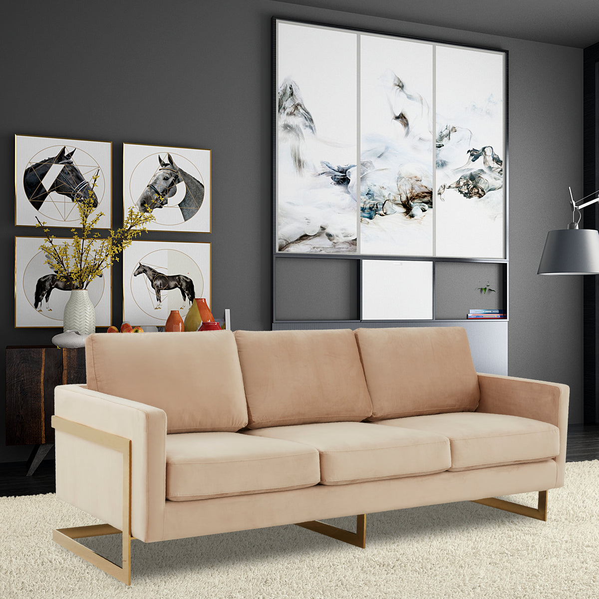 Lincoln 3-Seater Sofa Upholstered in Velvet/Leather with Black/Silver/Gold Steel Base
