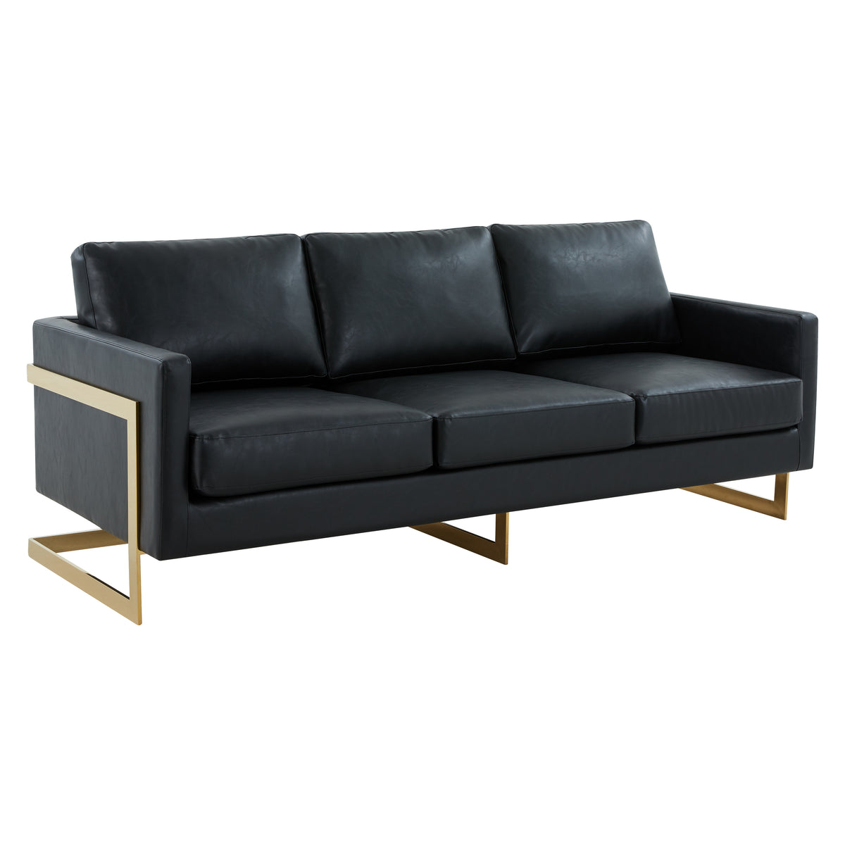 Lincoln 3-Seater Sofa Upholstered in Velvet/Leather, Leather, Gold, Black | LeisureMod