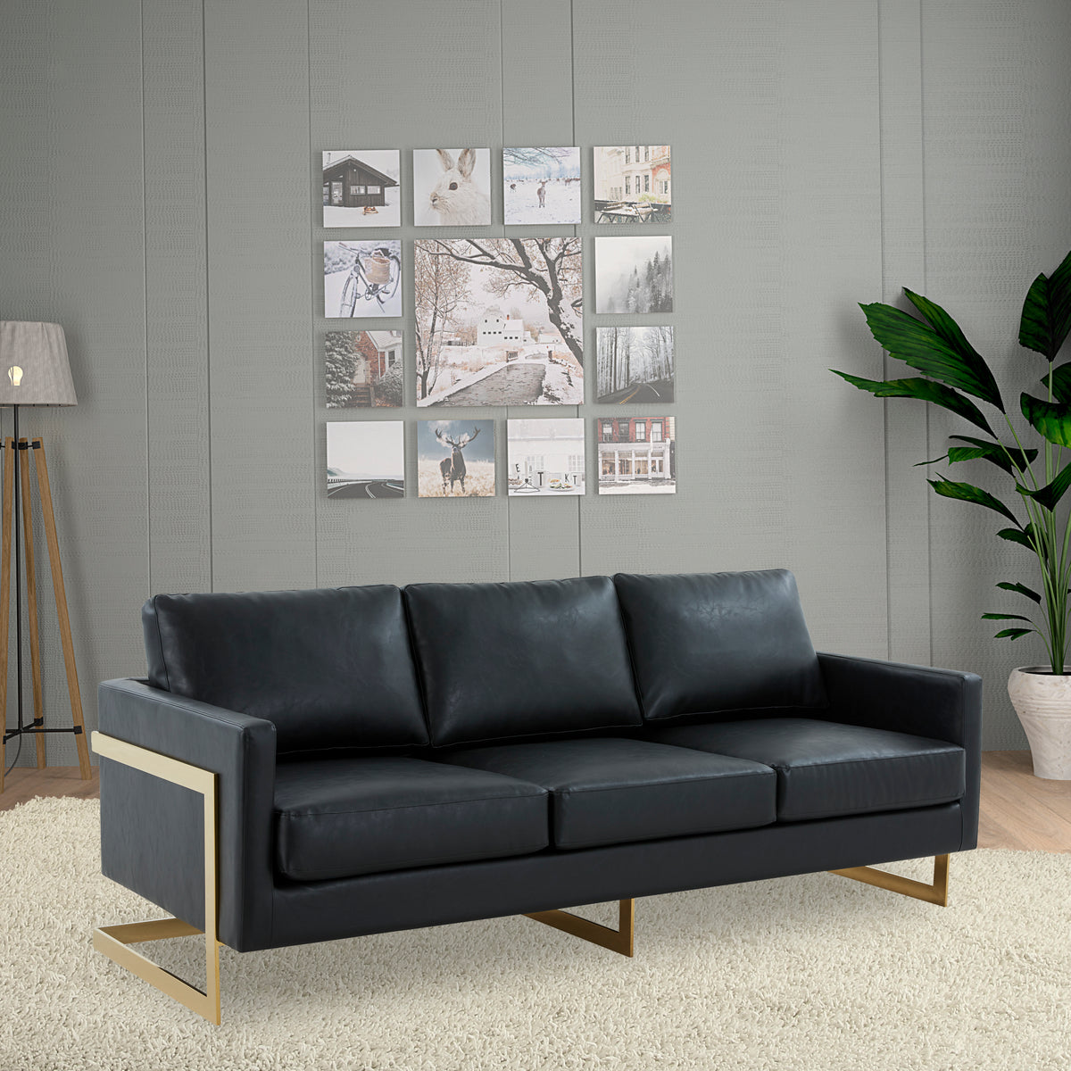 Lincoln 3-Seater Sofa Upholstered in Velvet/Leather, Leather, Gold, Black - view 2 | LeisureMod