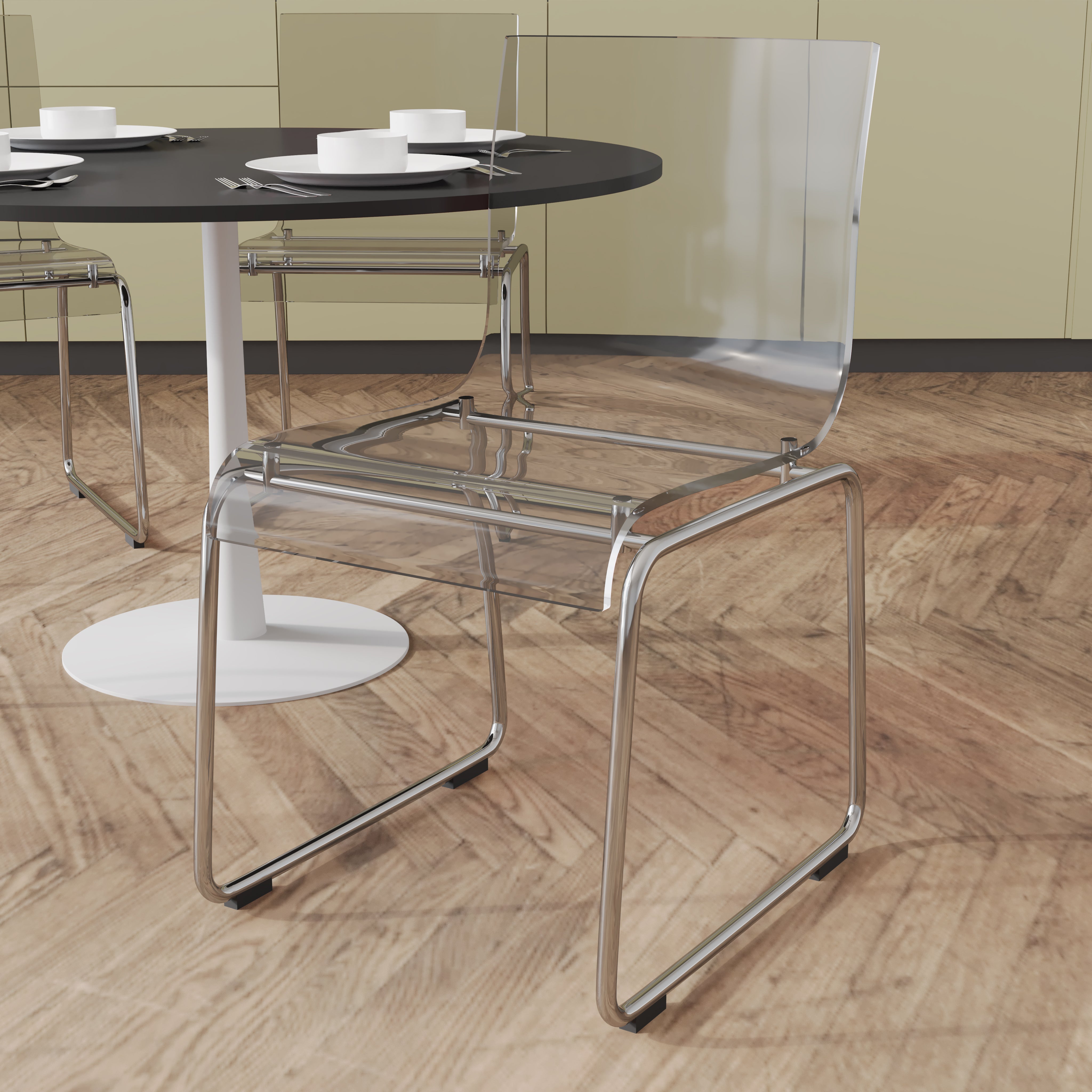 Lima Acrylic Dining Chair Stackable Design with Chrome Steel Base