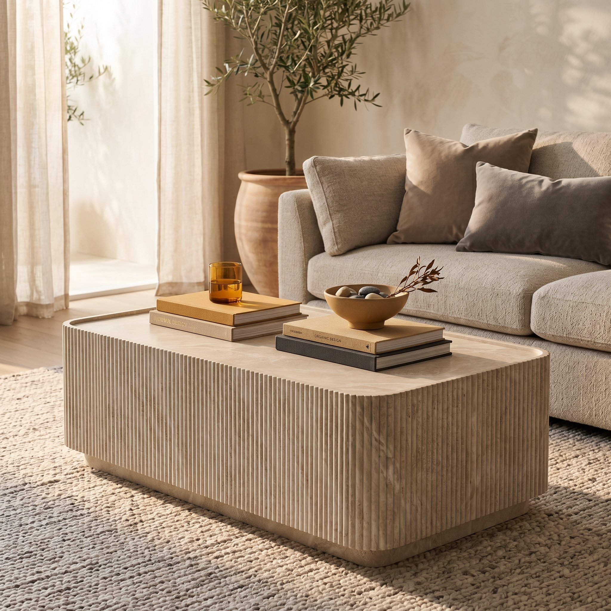Malta Coffee Table in Fiberstone Fluted Pedestal Design for Indoor and Outdoor