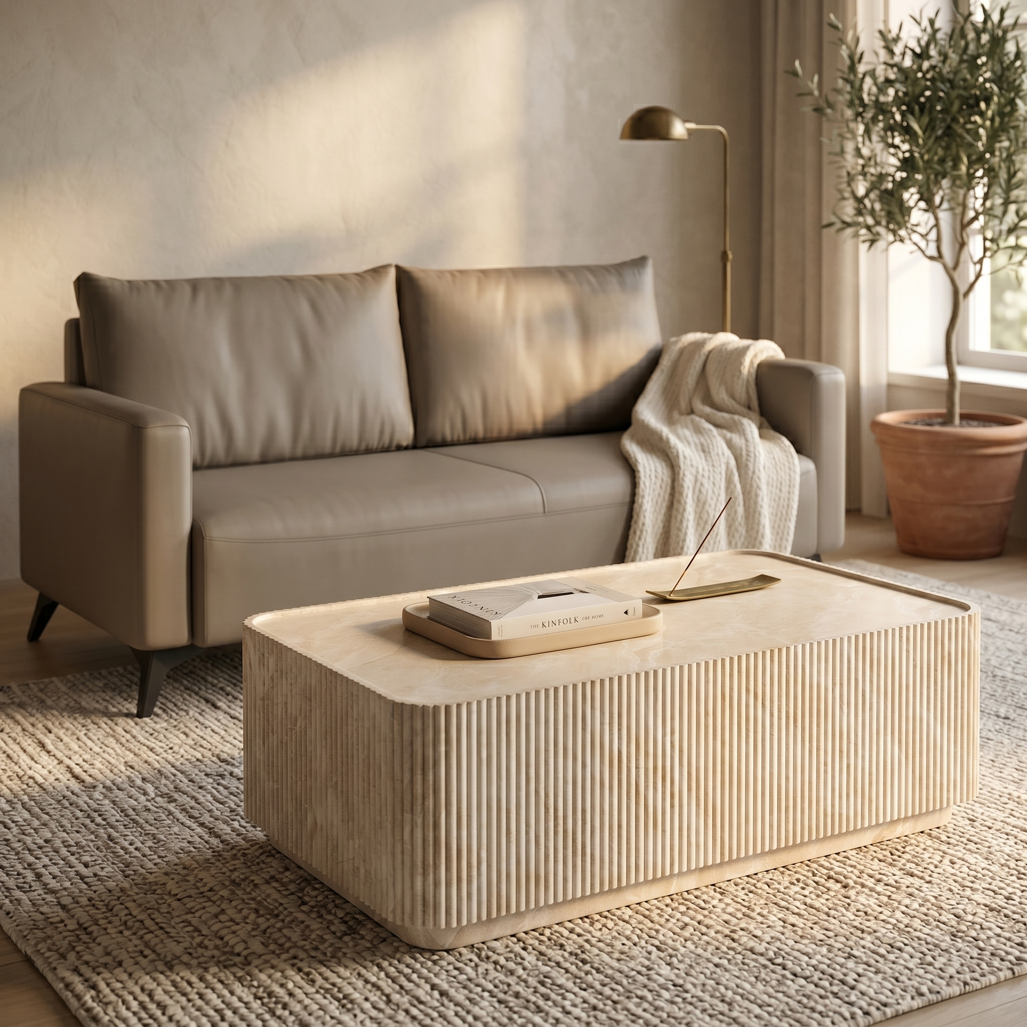 Malta Coffee Table in Fiberstone Fluted Pedestal Design for Indoor and Outdoor