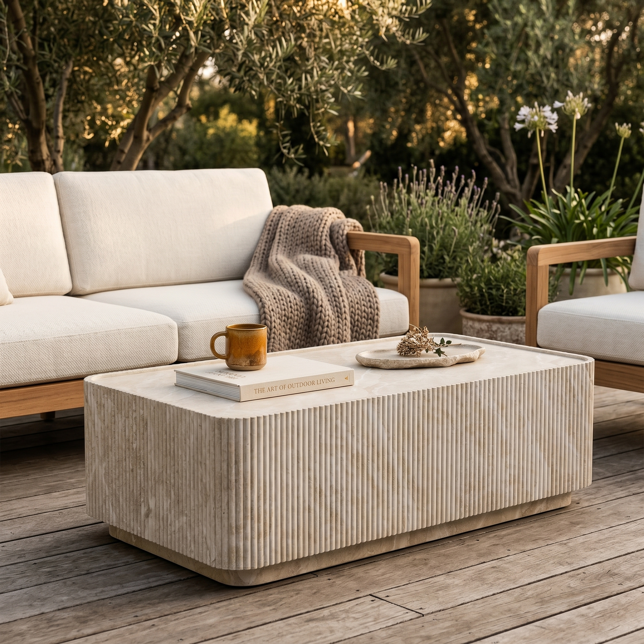 Malta Coffee Table in Fiberstone Fluted Pedestal Design for Indoor and Outdoor